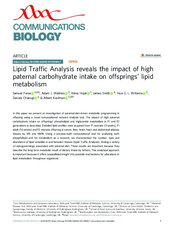 Lipid traffic analysis reveals the impact of high paternal carbohydrate intake on offsprings’ lipid metabolism Thumbnail