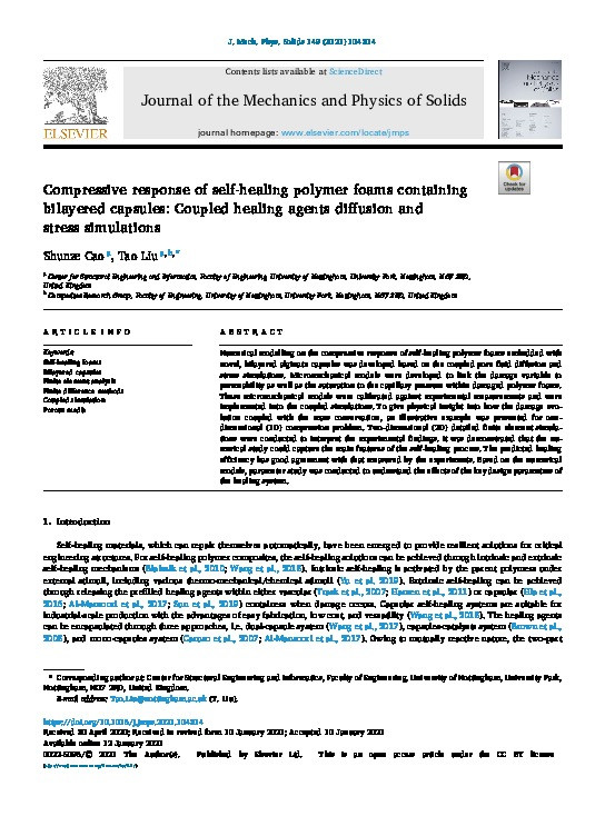 Compressive response of self-healing polymer foams containing bilayered capsules: Coupled healing agents diffusion and stress simulations Thumbnail