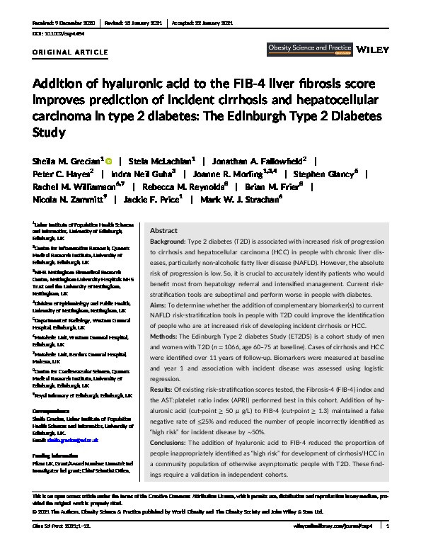 Addition of hyaluronic acid to the FIB-4 liver fibrosis score improves prediction of incident cirrhosis and hepatocellular carcinoma in Type 2 diabetes: The Edinburgh Type 2 Diabetes Study Thumbnail
