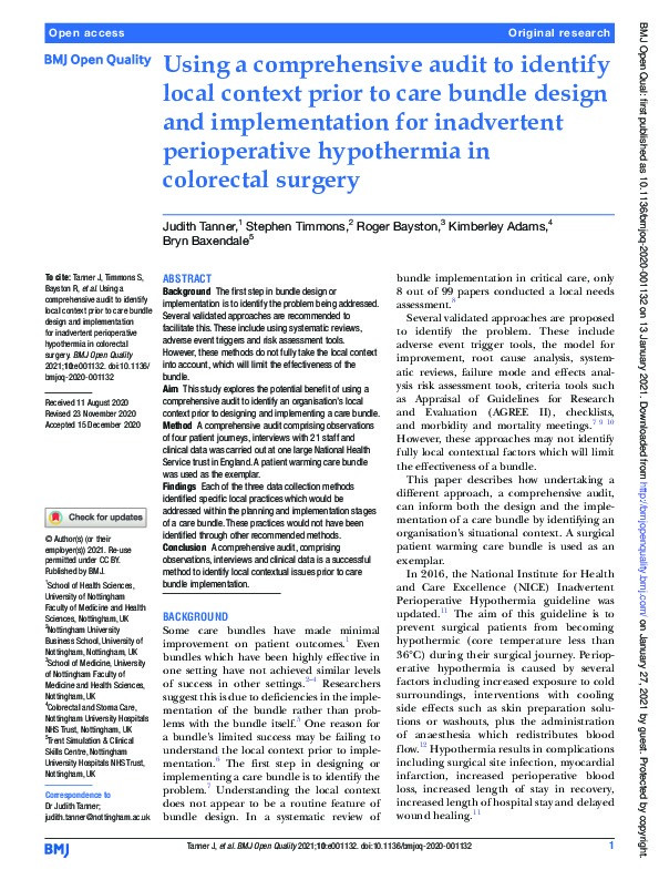 Using a comprehensive audit to identify local context prior to care bundle design and implementation for inadvertent perioperative hypothermia in colorectal surgery Thumbnail
