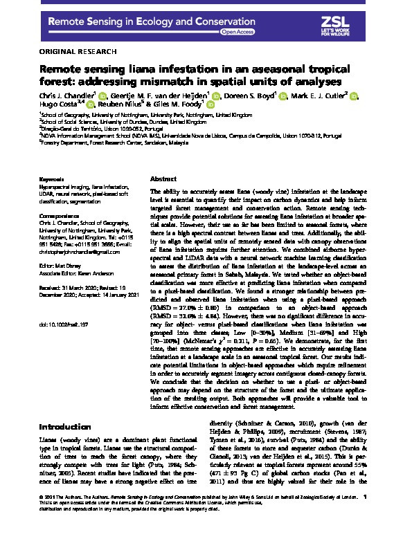 Remote sensing liana infestation in an aseasonal tropical forest: addressing mismatch in spatial units of analyses Thumbnail