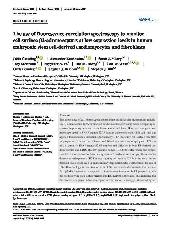 The use of fluorescence correlation spectroscopy to monitor cell surface β2‐adrenoceptors at low expression levels in human embryonic stem cell‐derived cardiomyocytes and fibroblasts Thumbnail