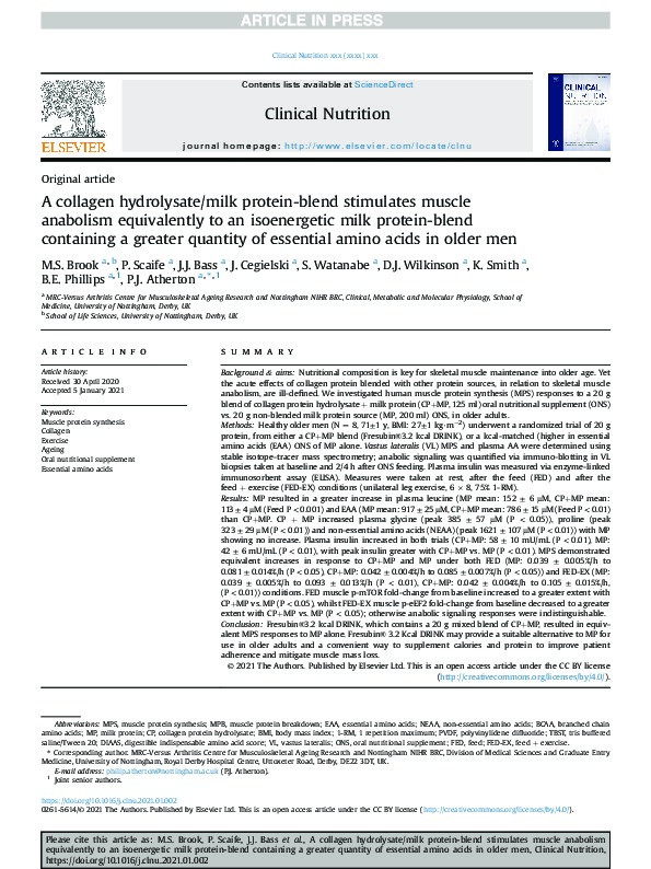 A collagen hydrolysate/milk protein-blend stimulates muscle anabolism equivalently to an isoenergetic milk protein-blend containing a greater quantity of essential amino acids in older men Thumbnail