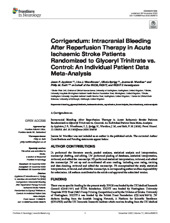 Corrigendum: Intracranial Bleeding After Reperfusion Therapy in Acute Ischaemic Stroke Patients Randomized to Glyceryl Trinitrate vs. Control: An Individual Patient Data Meta-Analysis Thumbnail