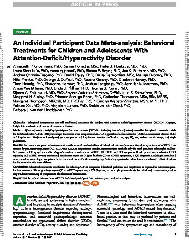 An Individual Participant Data Meta-analysis: Behavioral Treatments for Children and Adolescents With Attention-Deficit/Hyperactivity Disorder Thumbnail