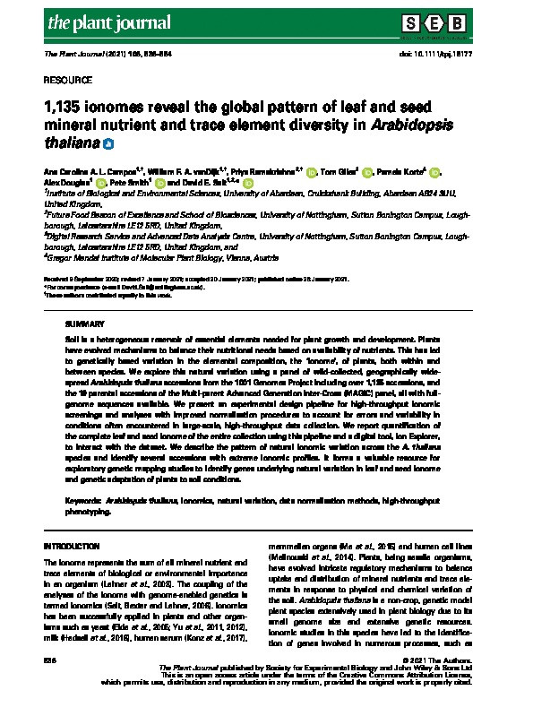 1,135 ionomes reveals the global pattern of leaf and seed mineral nutrient and trace element diversity in  Arabidopsis thaliana Thumbnail