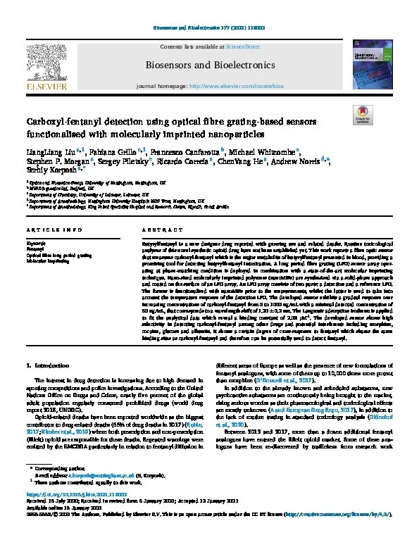 Carboxyl-fentanyl detection using optical fibre grating-based sensors functionalised with molecularly imprinted nanoparticles Thumbnail