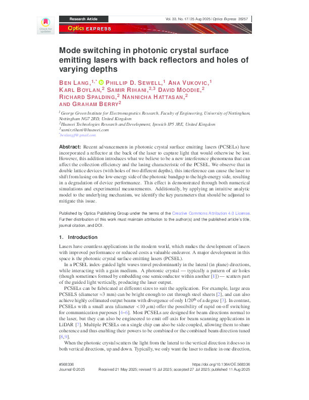 Mode switching in Photonic Crystal Surface Emitting Lasers with back reflectors and holes of varying depths Thumbnail