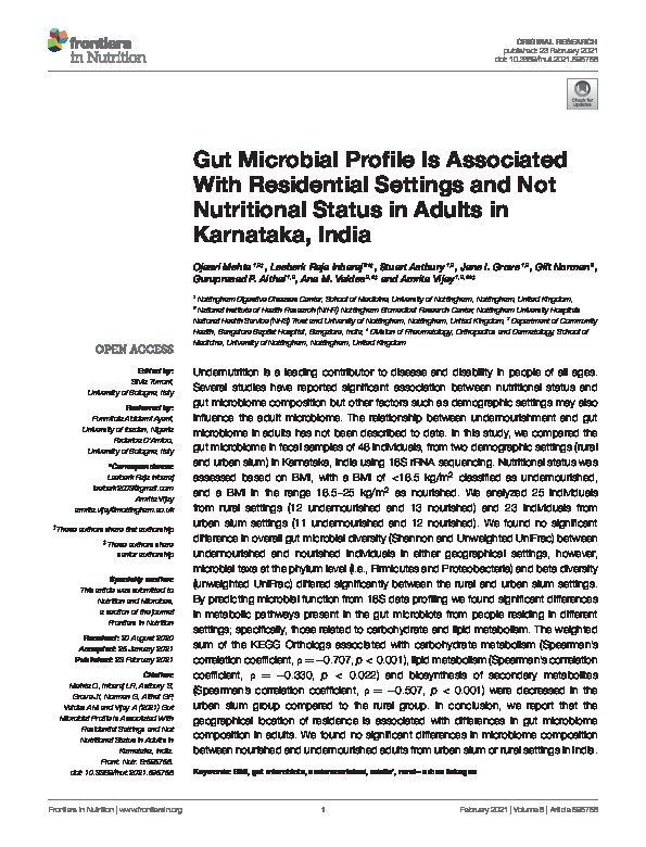 Gut microbial profile is associated with residential settings and not nutritional status in adults in Karnataka, India Thumbnail