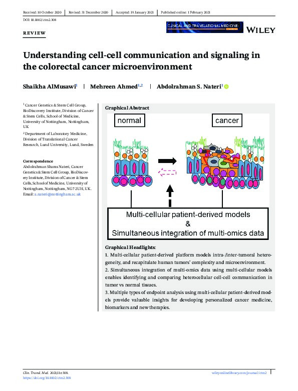 Understanding cell‐cell communication and signaling in the colorectal cancer microenvironment Thumbnail