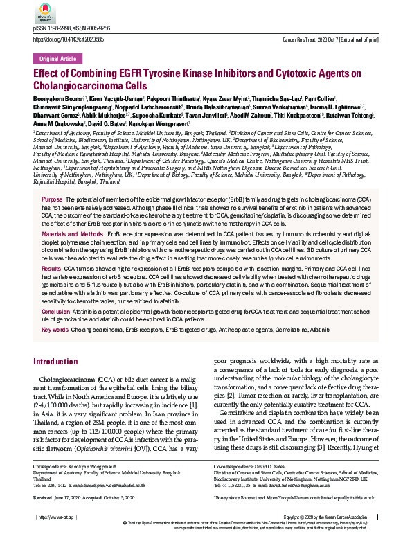 Effect of Combining EGFR Tyrosine Kinase Inhibitors and Cytotoxic Agents on Cholangiocarcinoma Cells Thumbnail