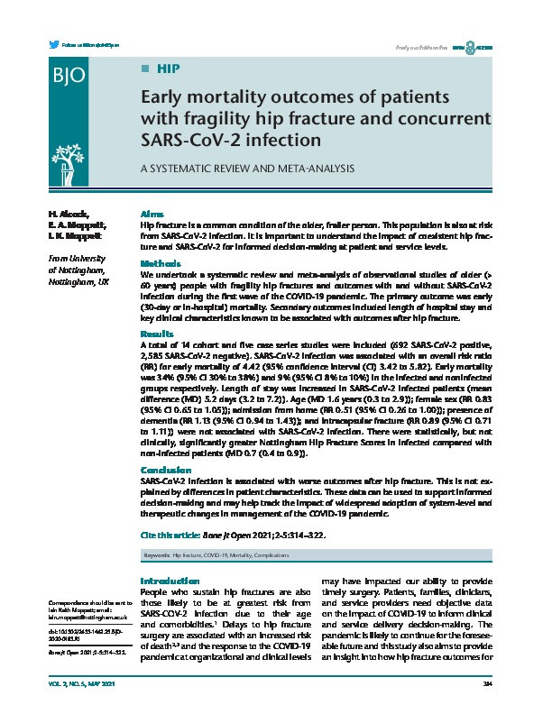 Early mortality outcomes of patients with fragility hip fracture and concurrent SARS-CoV-2 infection: a systematic review and meta-analysis Thumbnail