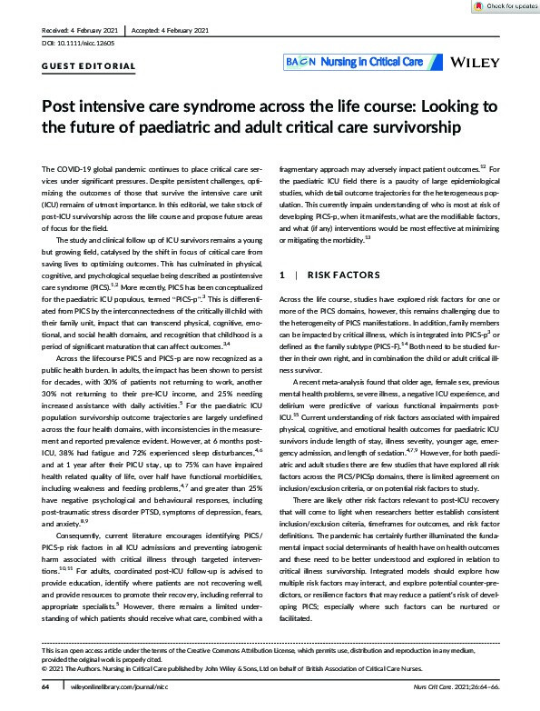 Post intensive care syndrome across the life course: Looking to the future of paediatric and adult critical care survivorship Thumbnail