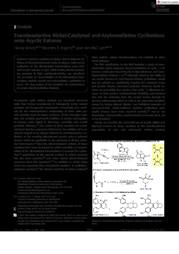 Enantioselective Nickel‐Catalyzed            anti            ‐Arylmetallative Cyclizations onto Acyclic Ketones Thumbnail