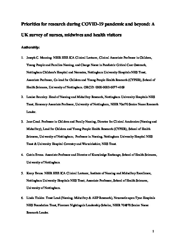 Priorities for research during the Coronavirus SARS-CoV-2 (COVID-19) pandemic and beyond: a survey of nurses, midwives and health visitors in the United Kingdom Thumbnail