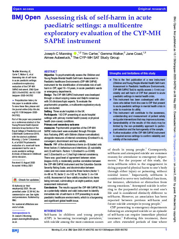 Assessing risk of self-harm in acute paediatric settings: a multicentre exploratory evaluation of the CYP-MH SAPhE instrument Thumbnail