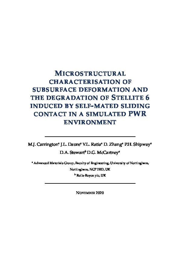 Microstructural characterisation of subsurface deformation and the degradation of Stellite 6 induced by self-mated sliding contact in a simulated PWR environment Thumbnail