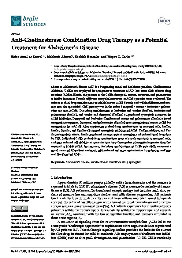 Anti-Cholinesterase Combination Drug Therapy as a Potential Treatment for Alzheimer’s Disease Thumbnail
