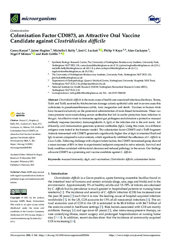 Colonisation factor cd0873, an attractive oral vaccine candidate against clostridioides difficile Thumbnail