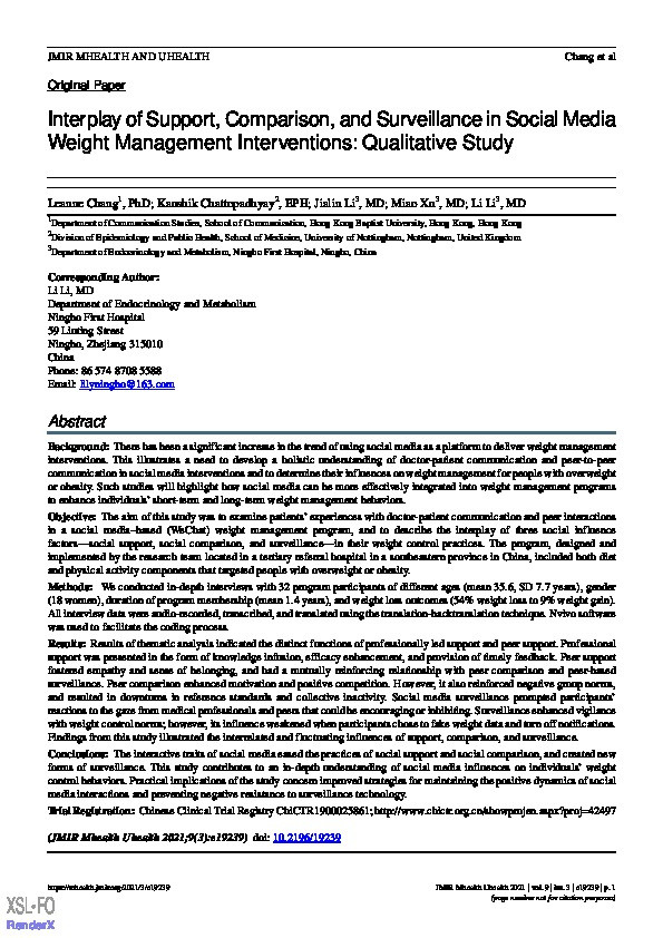 Interplay of Support, Comparison, and Surveillance in Social Media Weight Management Interventions: Qualitative Study Thumbnail