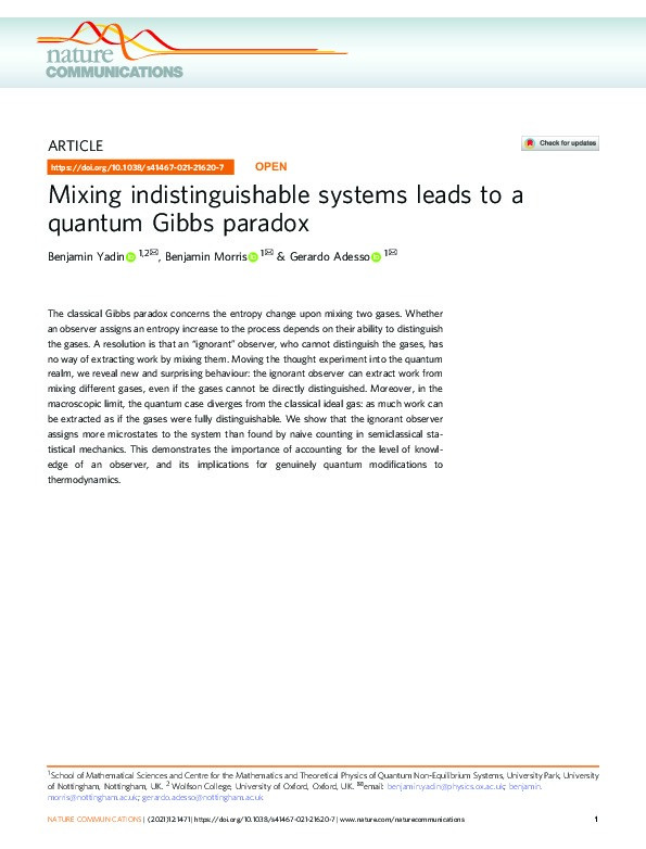 Mixing indistinguishable systems leads to a quantum Gibbs paradox Thumbnail