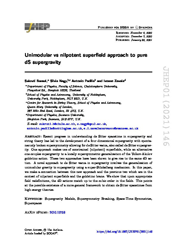 Unimodular vs nilpotent superfield approach to pure dS supergravity Thumbnail