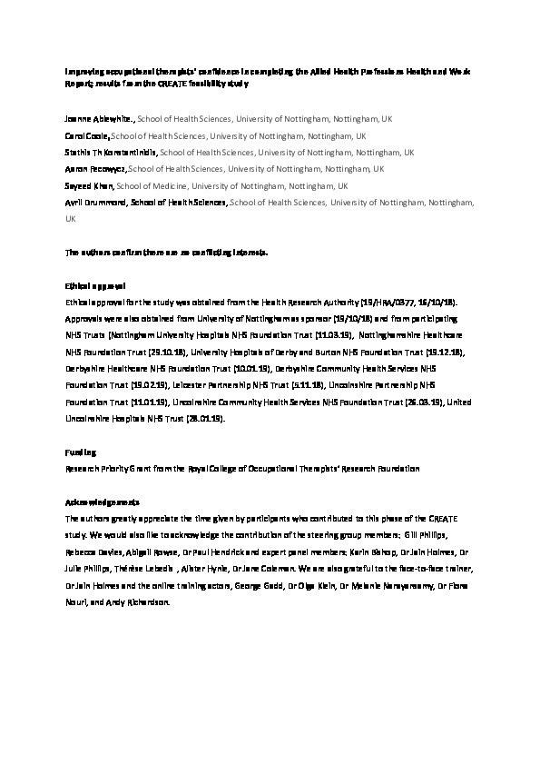 Improving occupational therapists’ confidence in completing the Allied Health Professions Health and Work Report: Results from the CREATE feasibility study Thumbnail