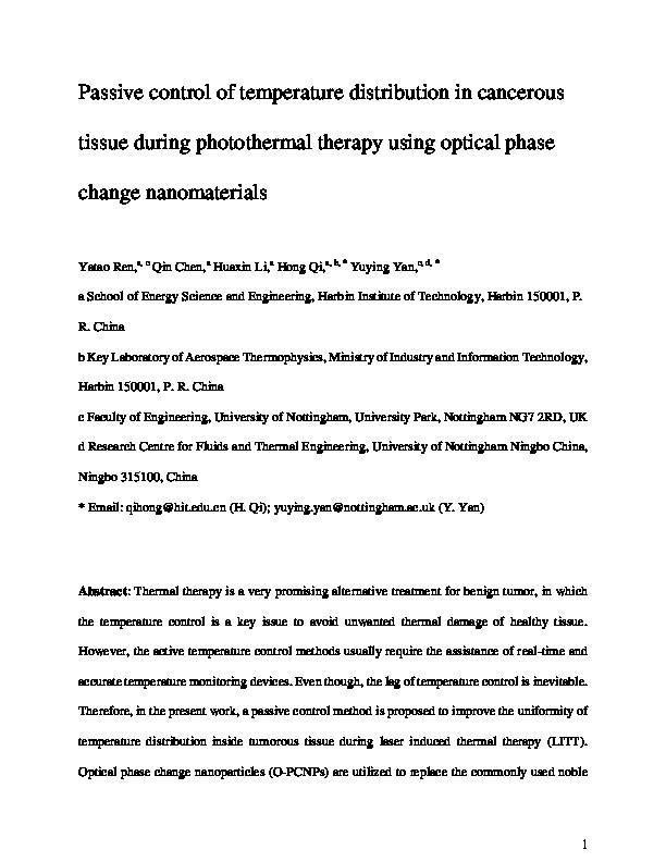 Passive control of temperature distribution in cancerous tissue during photothermal therapy using optical phase change nanomaterials Thumbnail