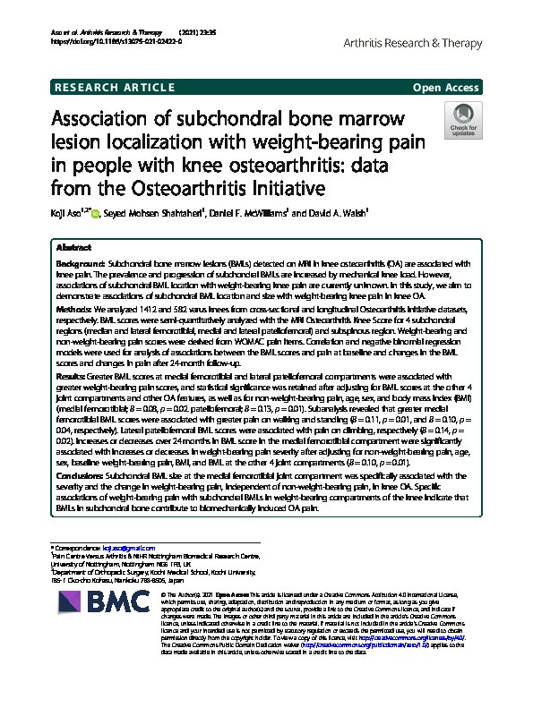 Association of subchondral bone marrow lesion localization with weight-bearing pain in people with knee osteoarthritis: data from the Osteoarthritis Initiative Thumbnail