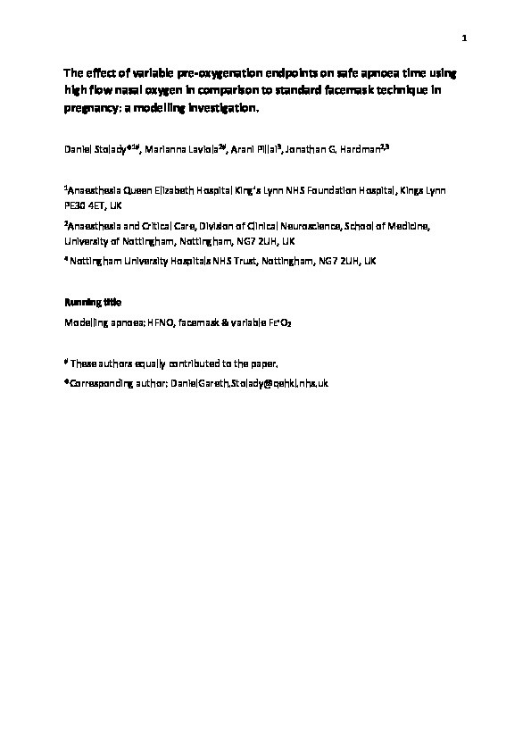 Effect of variable pre-oxygenation endpoints on safe apnoea time using high flow nasal oxygen for women in labour: a modelling investigation Thumbnail