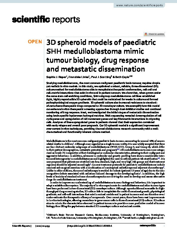 3D spheroid models of paediatric SHH medulloblastoma mimic tumour biology, drug response and metastatic dissemination Thumbnail