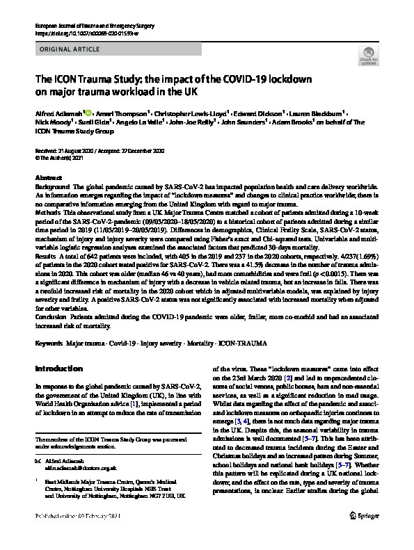 The ICON Trauma Study: The Impact of the COVID-19 lockdown on Major Trauma workload in the UK Thumbnail