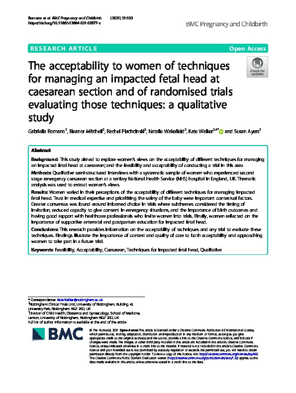 The acceptability to women of techniques for managing an impacted fetal head at caesarean section and of randomised trials evaluating those techniques: a qualitative study Thumbnail
