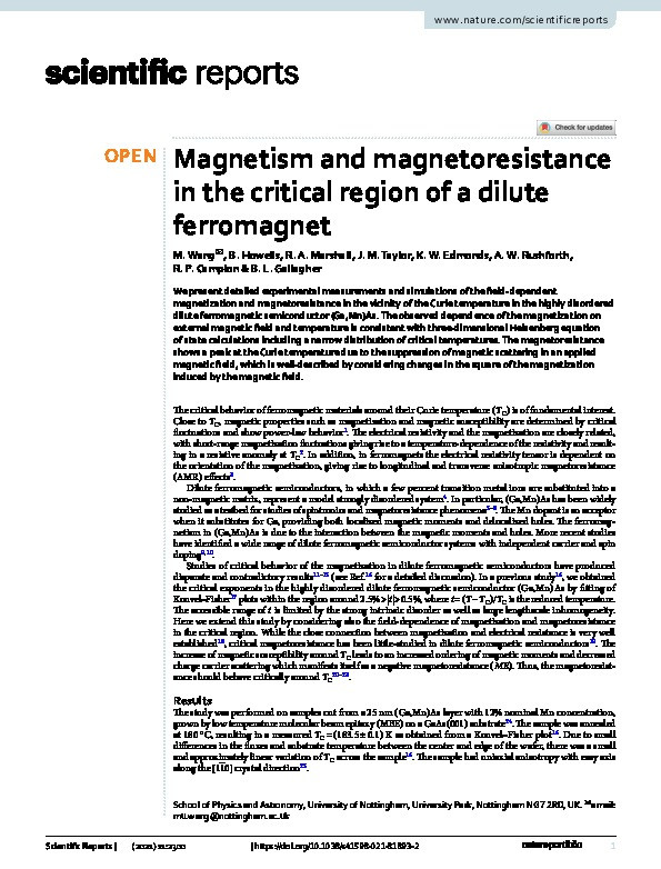 Magnetism and magnetoresistance in the critical region of a dilute ferromagnet Thumbnail