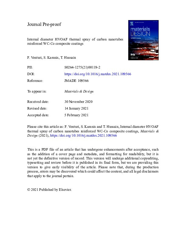 Internal diameter HVOAF thermal spray of carbon nanotubes reinforced WC-Co composite coatings Thumbnail