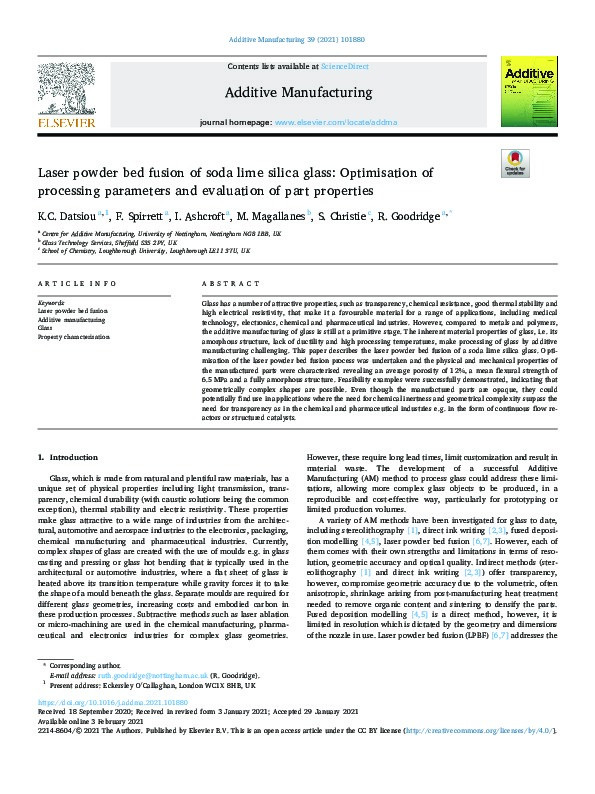 Laser powder bed fusion of soda lime silica glass: optimisation of processing parameters and evaluation of part properties Thumbnail