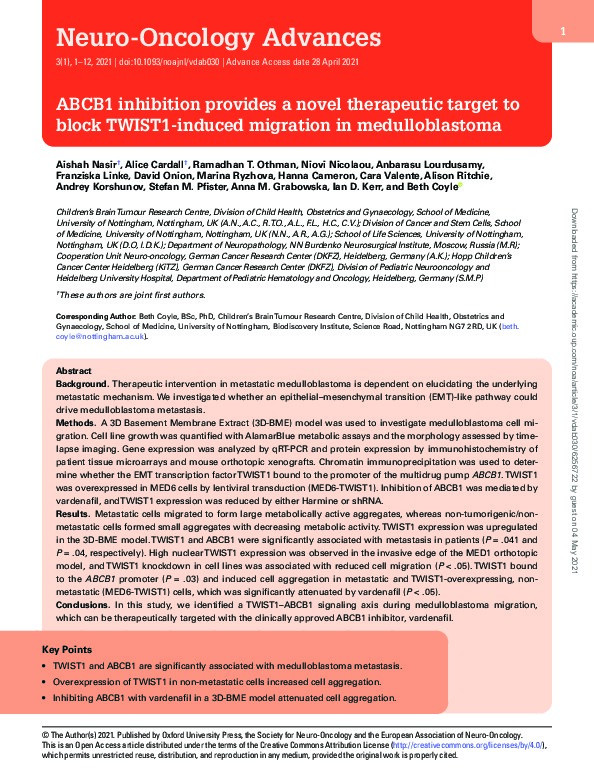 ABCB1 inhibition provides a novel therapeutic target to block TWIST1-induced migration in medulloblastoma Thumbnail