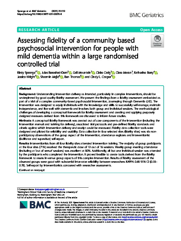 Assessing fidelity of a community based psychosocial intervention for people with mild dementia within a large randomised controlled trial Thumbnail