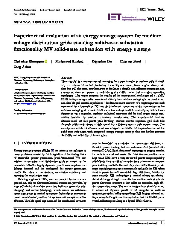 Experimental evaluation of an energy storage system for medium voltage distribution grids enabling solid?state substation functionality Thumbnail