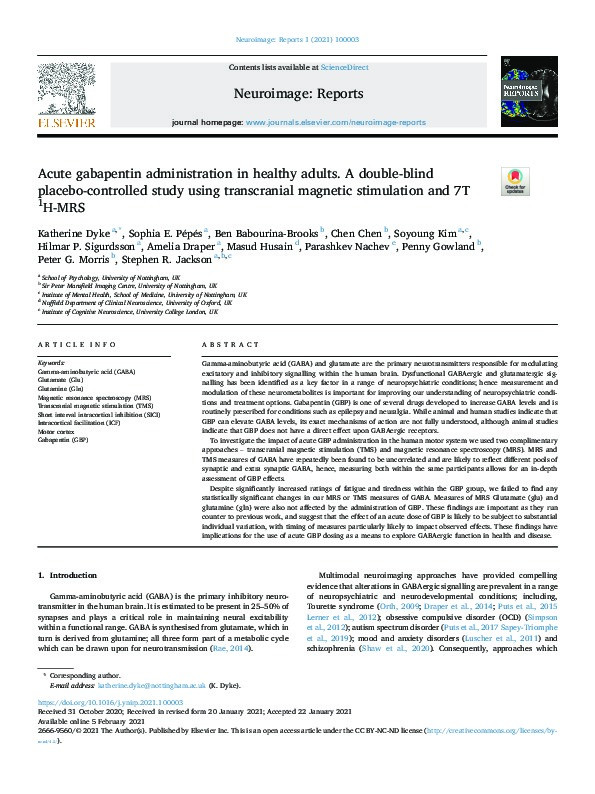 Acute gabapentin administration in healthy adults. A double-blind placebo-controlled study using transcranial magnetic stimulation and 7T 1H-MRS Thumbnail