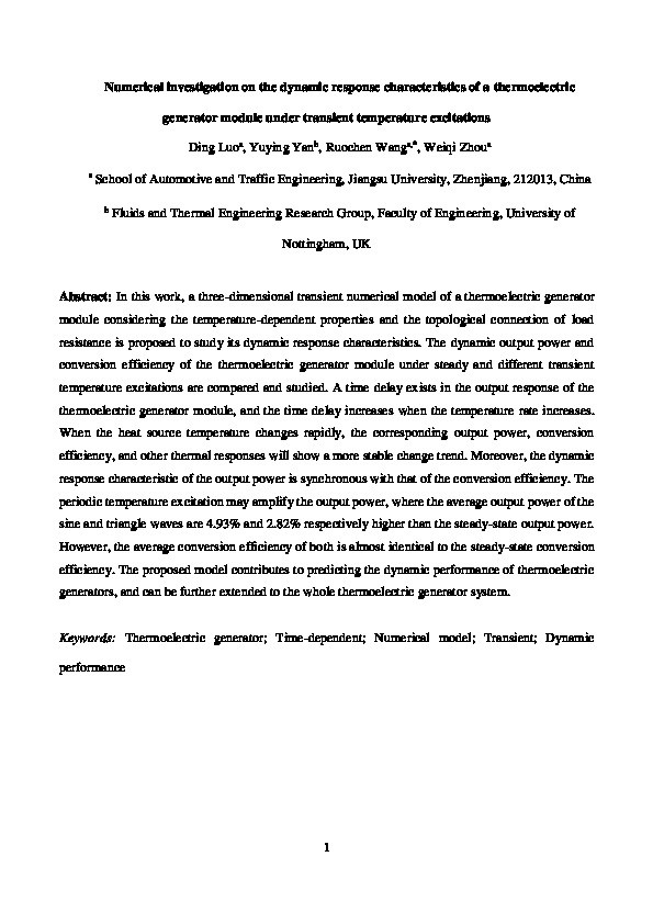 Numerical investigation on the dynamic response characteristics of a thermoelectric generator module under transient temperature excitations Thumbnail