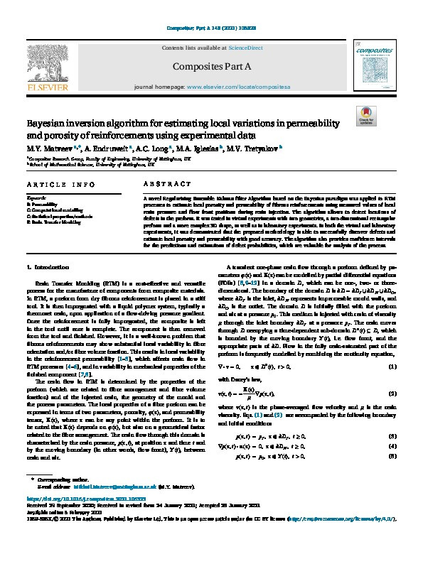 Bayesian inversion algorithm for estimating local variations in permeability and porosity of reinforcements using experimental data Thumbnail