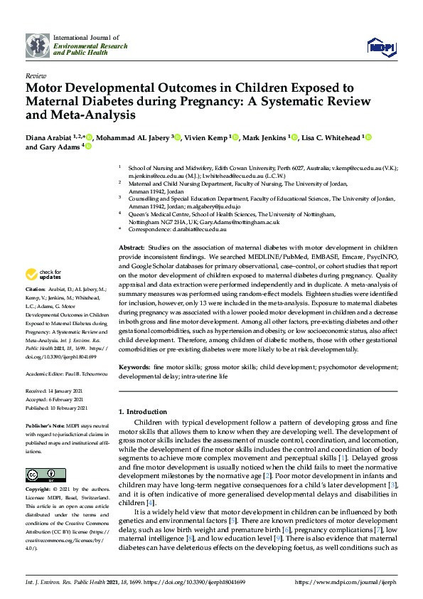Motor Developmental Outcomes in Children Exposed to Maternal Diabetes During Pregnancy: A Systematic Review and Meta-Analysis Thumbnail