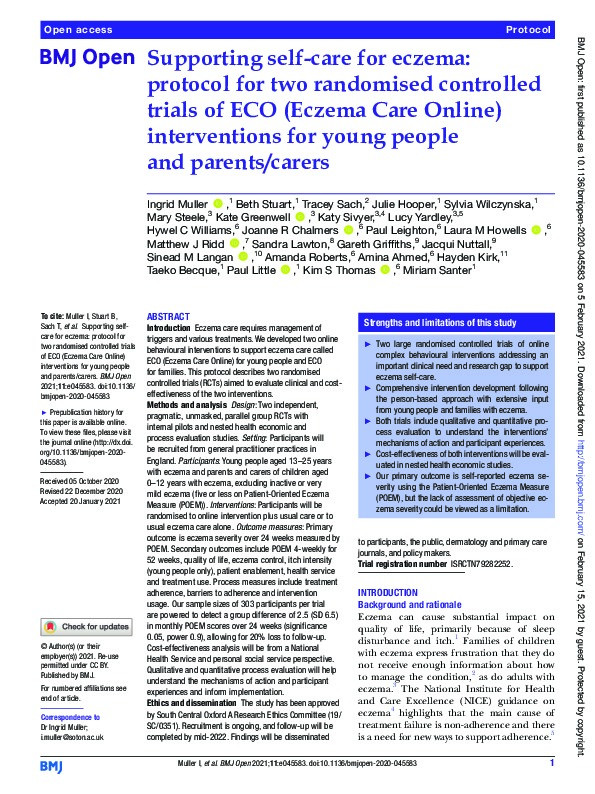 Supporting self-care for eczema: protocol for two randomised controlled trials of ECO (Eczema Care Online) interventions for young people and parents/carers Thumbnail