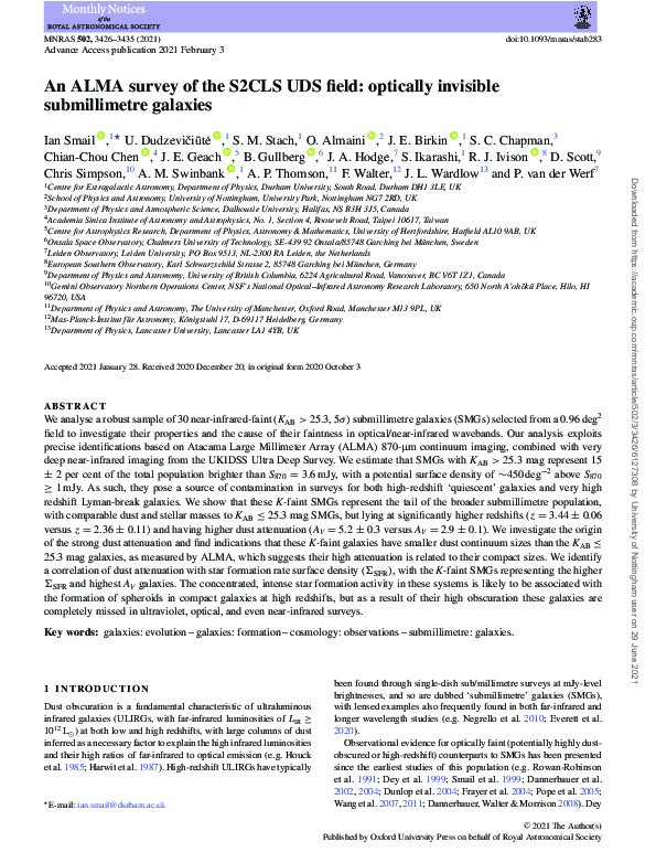 An ALMA survey of the S2CLS UDS field: optically invisible submillimetre galaxies Thumbnail