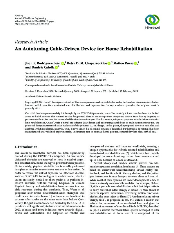 An Autotuning Cable-Driven Device for Home Rehabilitation Thumbnail