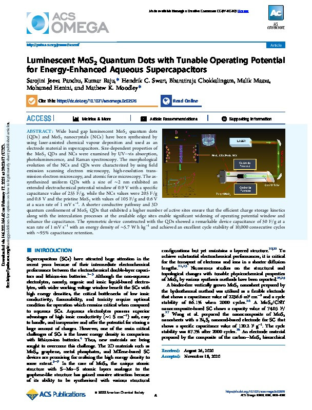 Luminescent MoS2 Quantum Dots with Tunable Operating Potential for Energy-Enhanced Aqueous Supercapacitors Thumbnail