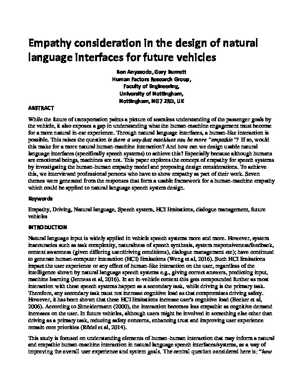 Empathy consideration in the design of natural language interfaces for future vehicles Thumbnail