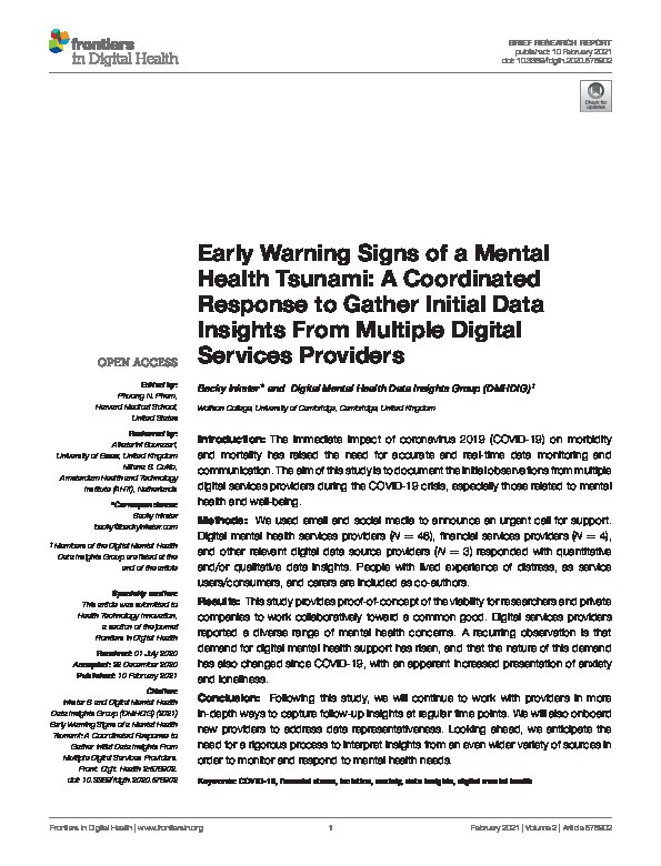 Early Warning Signs of a Mental Health Tsunami: A Coordinated Response to Gather Initial Data Insights From Multiple Digital Services Providers Thumbnail
