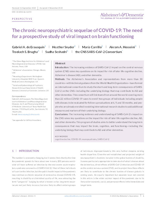 The chronic neuropsychiatric sequelae of COVID-19: The need for a prospective study of viral impact on brain functioning Thumbnail